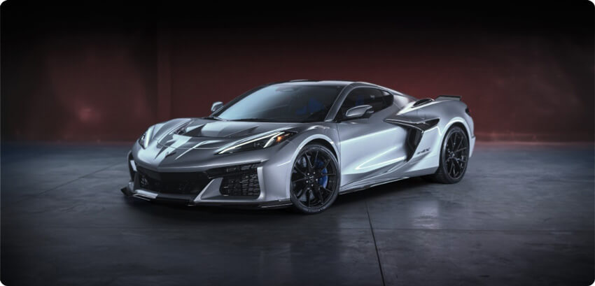 Front 3/4 view of 2026 Chevrolet Corvette ZR1X in Blade Silver Metallic. Preproduction model shown, actual production model may vary.